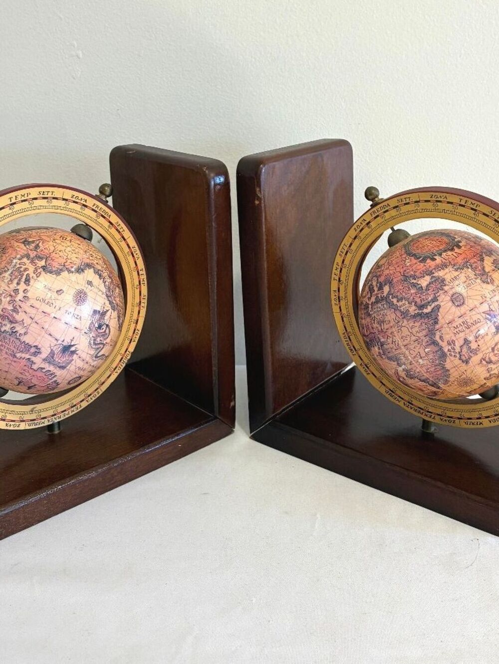 Vintage Pair of Old World Globe Bookends, Wood Bookends with Map Globes